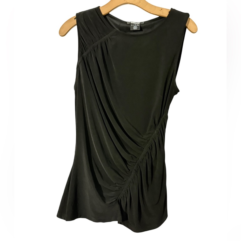 DKNY Black Ruched Sleeveless Blouse Asymmetrical Draped Top Size L - Picture 2 of 3